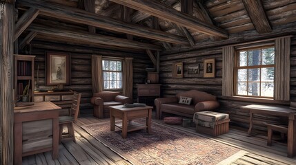 A log cabin interior with handcrafted rustic furniture