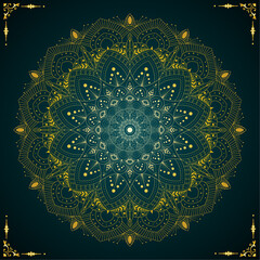Glowing Ornamental Floral Mandala Vector Design for Wall Art, Greeting Card, Home Decor, Poster, Fabric Print, Digital Background, Invitation, Ornament, Logo, Coloring Book with Golden-Teal Color Neon