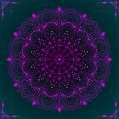 Glowing Ornamental Floral Mandala Vector Design for Wall Art, Greeting Card, Home Decor, Poster, Fabric Print, Digital Background, Invitation, Ornament, Logo, Coloring Book with Magenta Color Neon