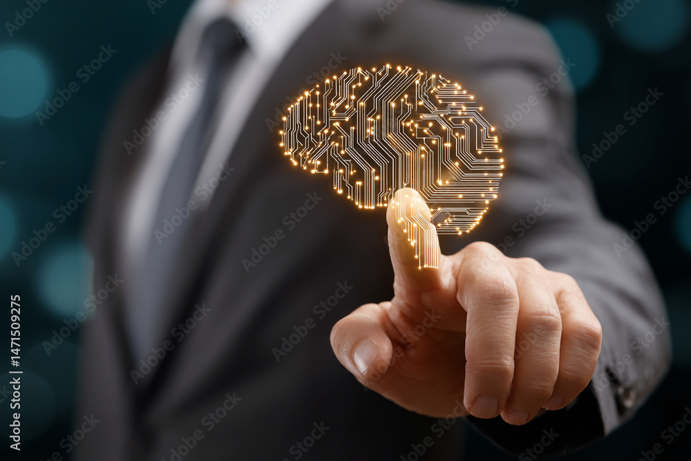 Poster close-up of finger interacting with glowing brain circuit design, symbolizing artificial intelligenc