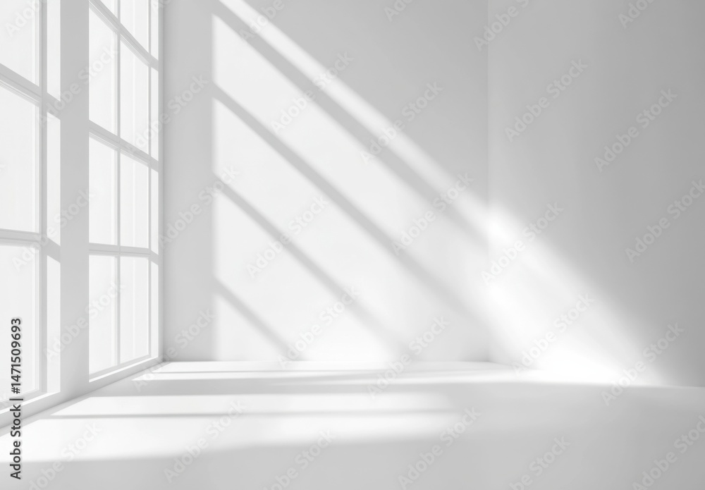 Poster Sunlight streams through a large window in a minimalist white room, casting dramatic shadows on the walls and floor, creating a bright and airy atmosphere. : Generative AI