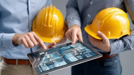 Construction Professionals Collaboration: Two construction professionals, clad in crisp attire and hard hats, engage in a collaborative discussion over a digital tablet.