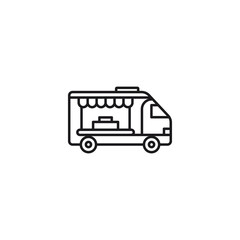 Clean vector line art icon of a food truck on a white background, ideal for representing mobile food businesses or services. This simple design is versatile for use in menus, websites, or mobile apps,