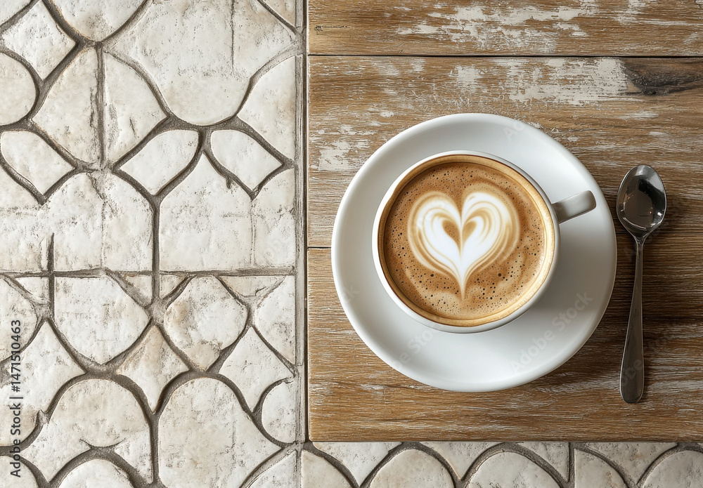 Poster aromatic cappuccino with heart-shaped latte art served in a white cup on a rustic wooden table, next