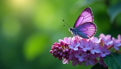 Naklejka premium Close-up of elegant purple butterfly perched on delicate lilac flower with blurred green foliage, macro, wings