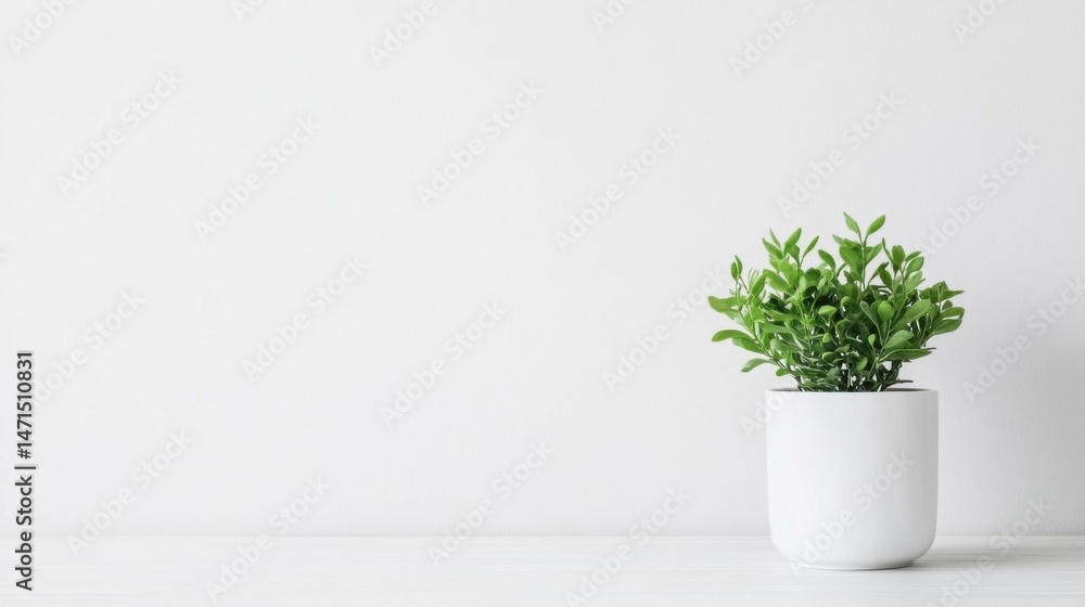 Aufkleber a small green plant in a simple white pot sits on a white wooden surface against a white wall, creat