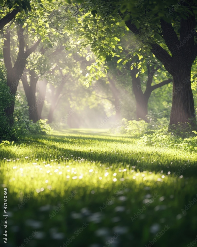 Aufkleber sunlit path through a lush green forest, dappled sunlight filtering through leaves, creating a magic