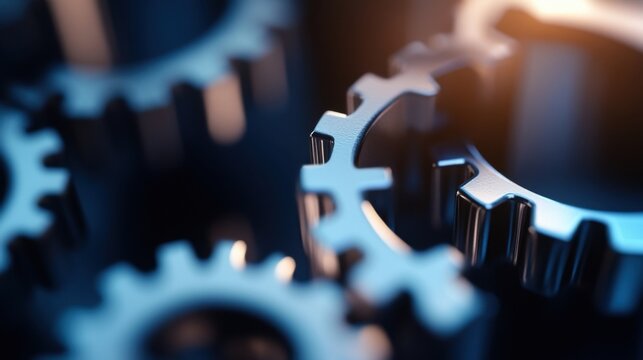 Close-up view of intricately detailed metallic gears, showcasing precision engineering and complex mechanics.  The image evokes themes of industry, technology, and seamless operation. : Generative AI