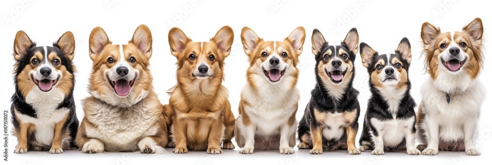 Aufkleber seven adorable corgis of varying colors and expressions sit in a row against a white background, sho