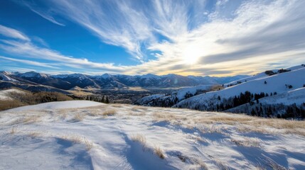 Majestic winter mountain range panorama at sunset, showcasing snow-covered hills, a valley, and a vibrant sky with fluffy clouds. : Generative AI