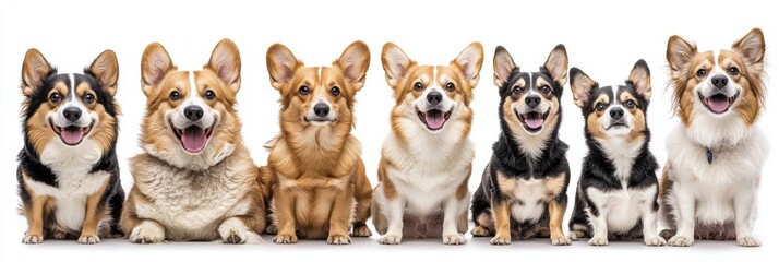Obraz premium Seven adorable corgis of varying colors and expressions sit in a row against a white background, showcasing their happy and playful personalities. : Generative AI
