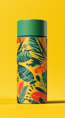 Fototapeta premium Colorful Thermal Bottle with Tropical Leaf Design on Yellow Background