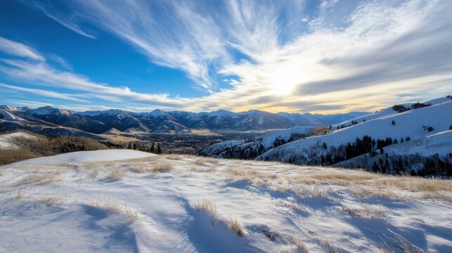 Majestic winter mountain range panorama at sunset, showcasing snow-covered hills, a valley, and a vibrant sky with fluffy clouds. : Generative AI