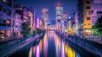 Fototapeta premium Night cityscape reflecting in canal