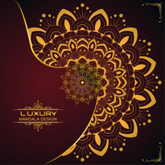 Golden Floral Mandala with Curved Line Pattern – Creative Luxury Vector for Printable Wall Art, Greeting, Invitation, T-shirt, Ornament, Scrapbook, Art, Fabric, Cover, Card with Blood Red olor