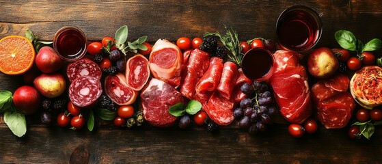 Assorted meats, fruits, and vegetables arranged on a dark wooden surface.