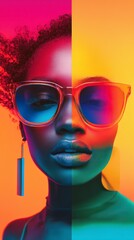 Vibrant Portrait of Woman with Colorful Sunglasses and Bold Makeup