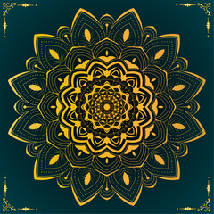 Traditional Floral Mandala Vector Design for Tattoo, Wall Art, Yoga, Meditation, Decoration, Fabric Print, Packaging, Greeting Card, Ornament, Poster with Golden-Teal color