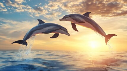 Two dolphins leap in the sunset