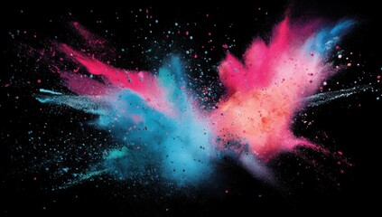 Naklejka premium Vibrant explosion of teal and pink powder against a black background, creating a dynamic and colorful abstract art piece. : Generative AI