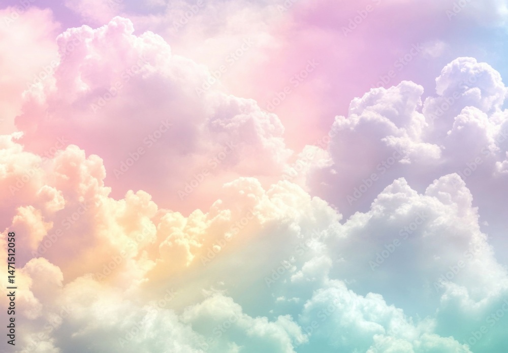 Leinwandbilder pastel-colored cloudscape, a dreamy, soft, and ethereal image of fluffy cumulus clouds illuminated b