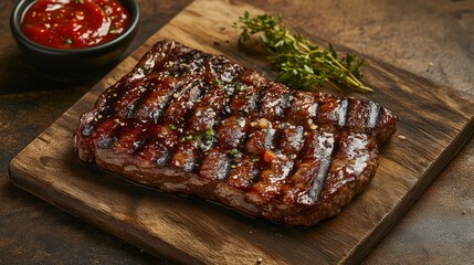 Juicy Grilled Steak with Herb Garnish and Red Sauce on Rustic Wooden Board