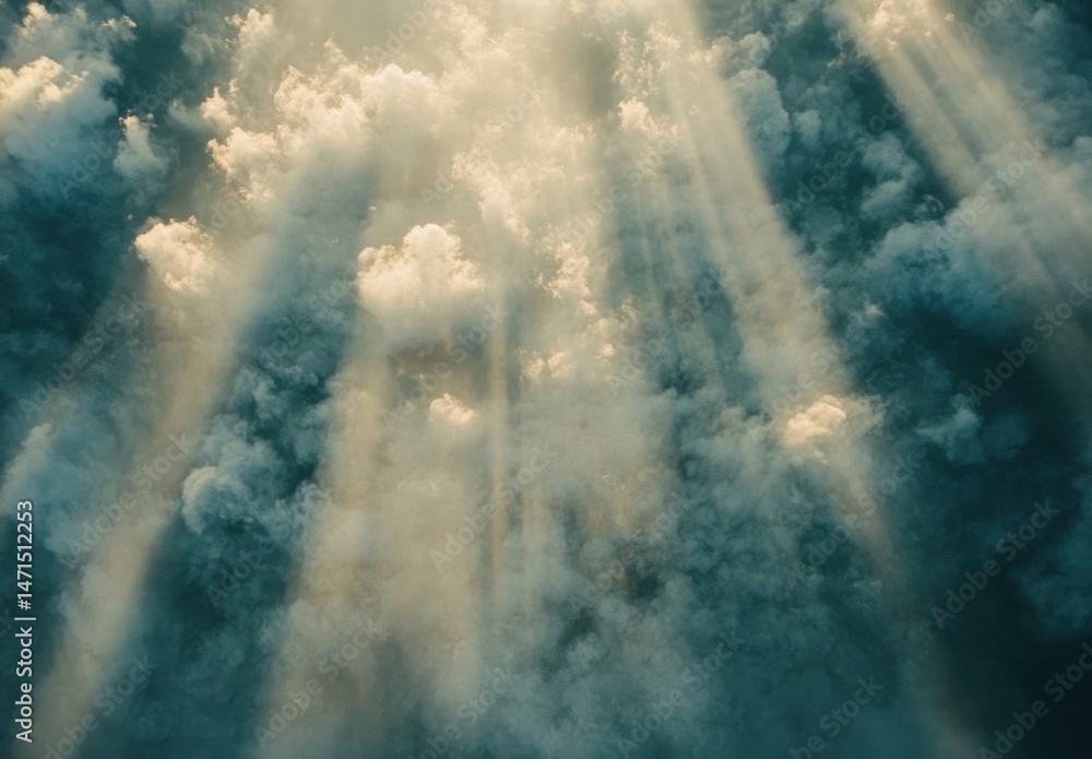 Aufkleber sunbeams pierce through a dramatic, textured expanse of teal and white clouds, creating a celestial,
