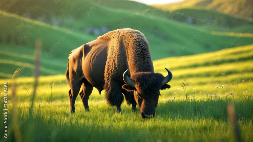 Poster an isolated bison wanders through a field of grass.