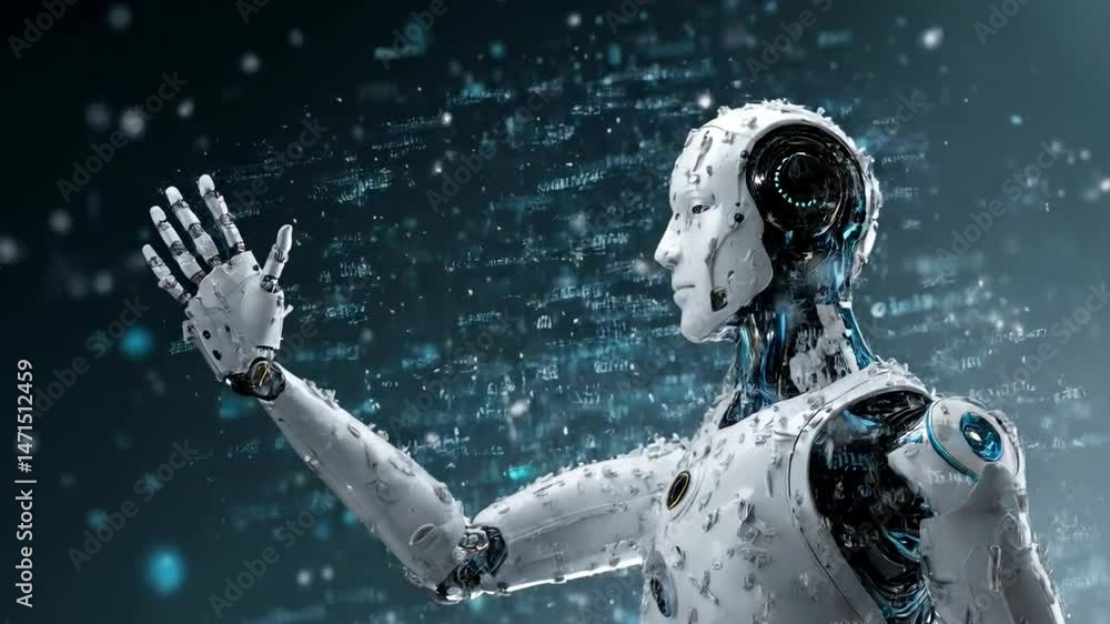Poster A futuristic humanoid robot, extending one arm, surrounded by a digital smooth background of binary elements.