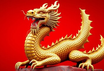 Fototapeta premium Majestic golden dragon statue against vibrant red backdrop, auspicious, oriental