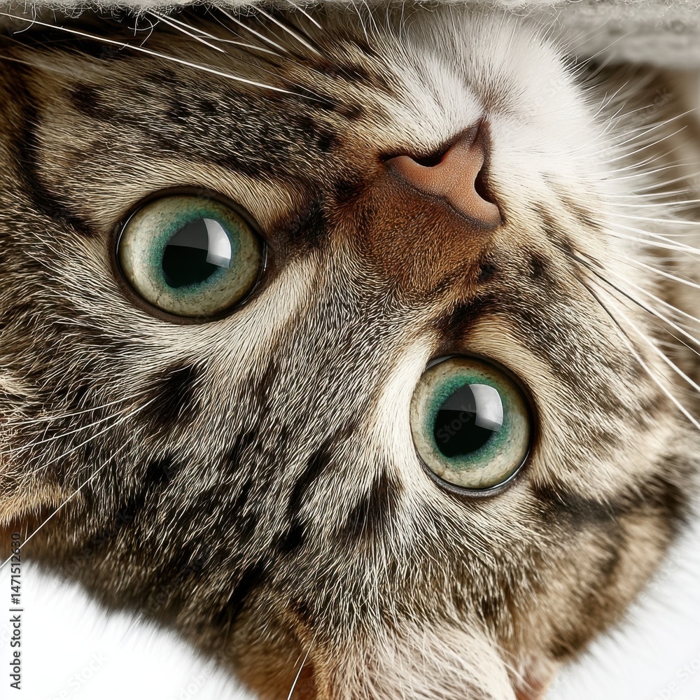 Poster close-up portrait of a playful tabby cat upside down, showcasing its bright green eyes and soft fur.