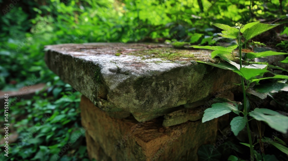 Aufkleber Moss-covered stone slab rests atop a weathered brick wall, nestled within a lush green garden setting.  Sunlight filters through the dense foliage, creating a tranquil, natural scene. : Generative AI