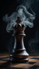 A solitary chess king, standing defiantly amid swirling ethereal smoke, bathed in cinematic lighting that reveals intricate textures, worn edges, and deep realism.