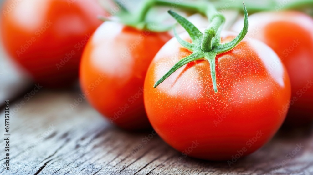 Aufkleber Close-up of three ripe red tomatoes on a rustic wooden surface, still attached to the vine, showcasing their vibrant color and texture. : Generative AI