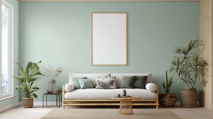 Living room interior with sofa plants and blank picture frame on the wall.