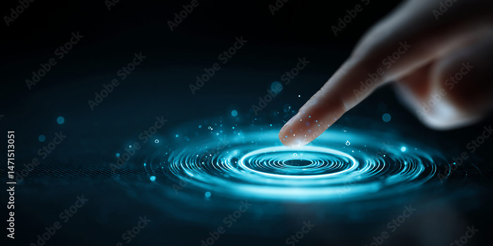 Poster fingertip touching a digital surface, creating glowing cyan concentric circles, showcasing technolog