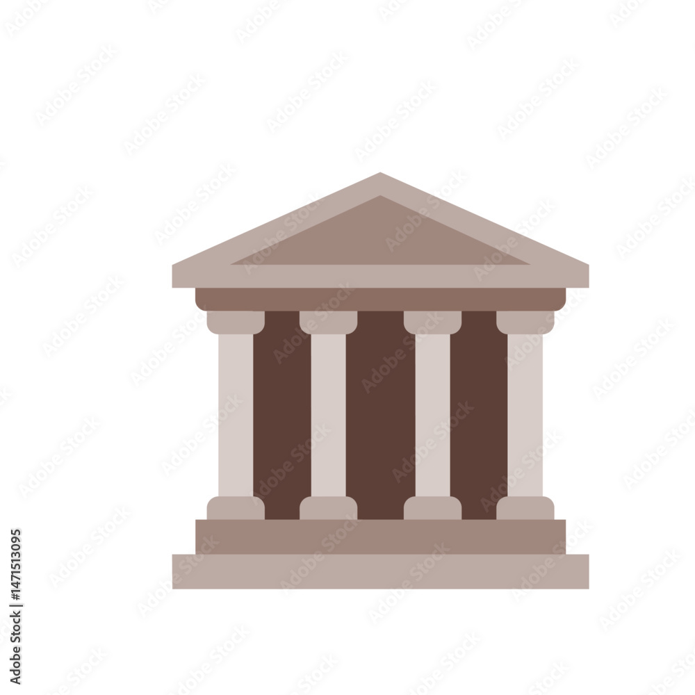 Poster illustration of a building with a triangular roof and columns in a simple, flat design style view fr