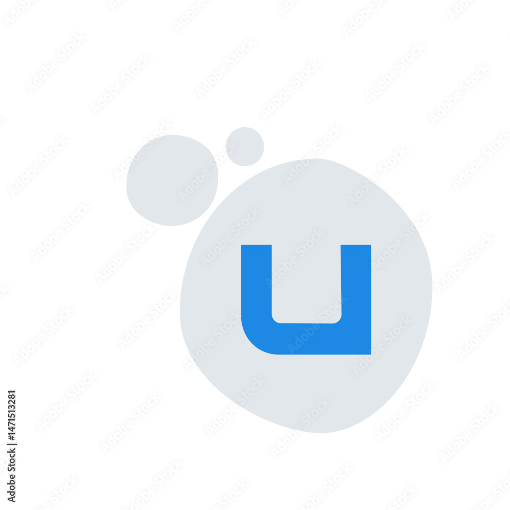 Poster blue letter u inside a light gray blob with two smaller blobs around it in a simple and modern desig
