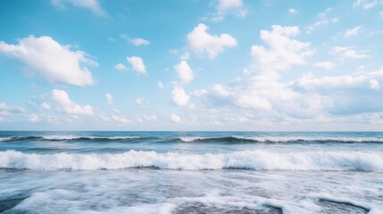 Obraz premium Serene ocean waves gently rolling onto a sandy beach under a bright, partly cloudy sky, a picturesque summer seascape. : Generative AI