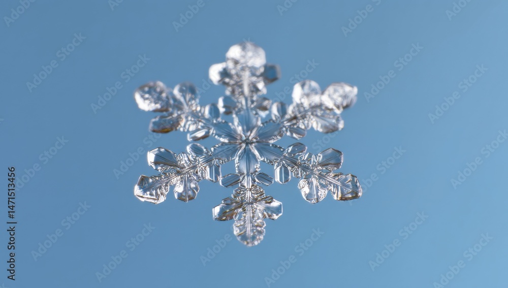 Poster a single, intricate snowflake against a pale blue sky, showcasing its delicate crystalline structure
