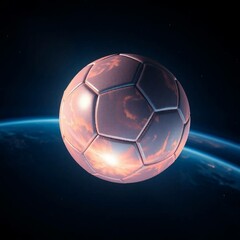 Fototapeta premium Dynamic soccer ball mid-flight through asteroid field, motion blur on rocks, glowing trail behind ball, cinematic space lighting with vibrant colors, 4K resolution detail