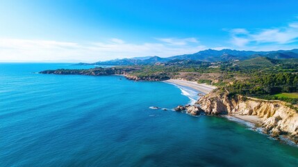 Obraz premium Aerial view of a stunning coastline with a secluded beach, turquoise water, and verdant hills under a clear blue sky. The landscape showcases a dramatic contrast between the rugged cli : Generative AI
