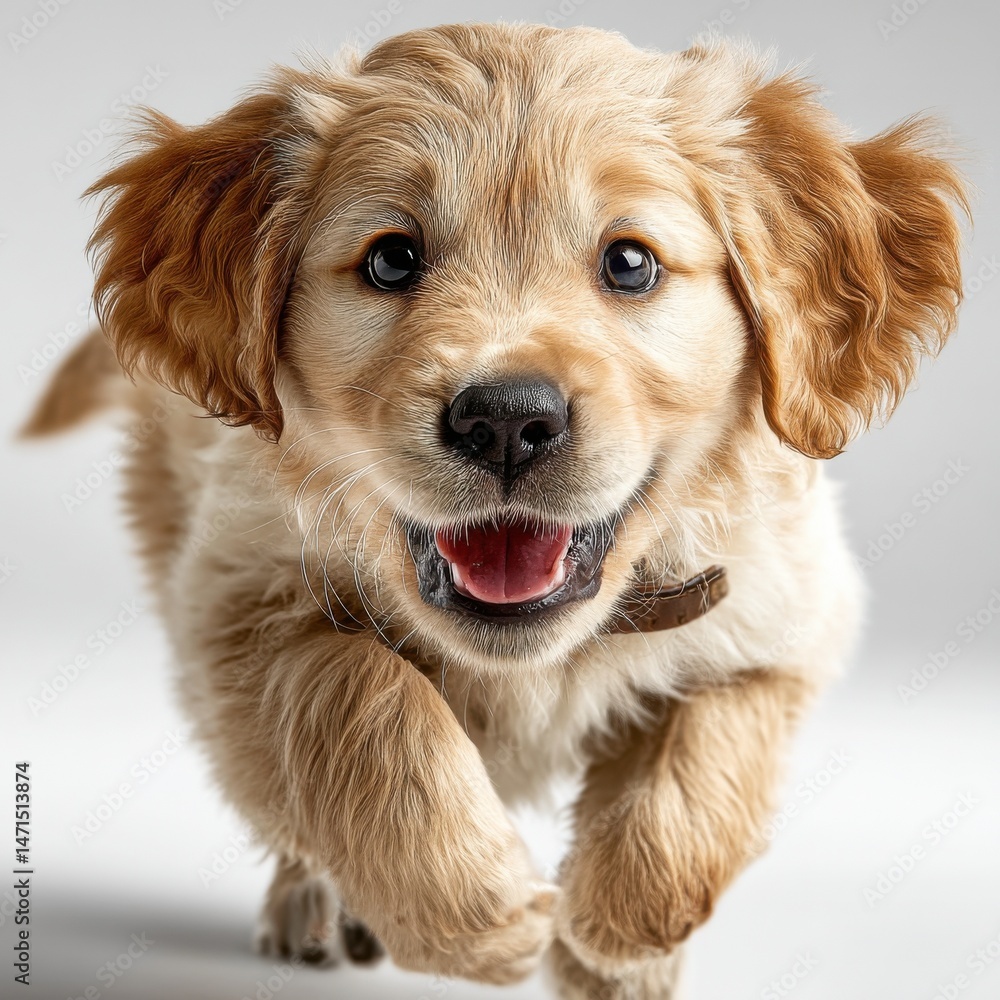 Poster adorable golden retriever puppy playfully leaping towards the camera, showcasing its fluffy fur and 