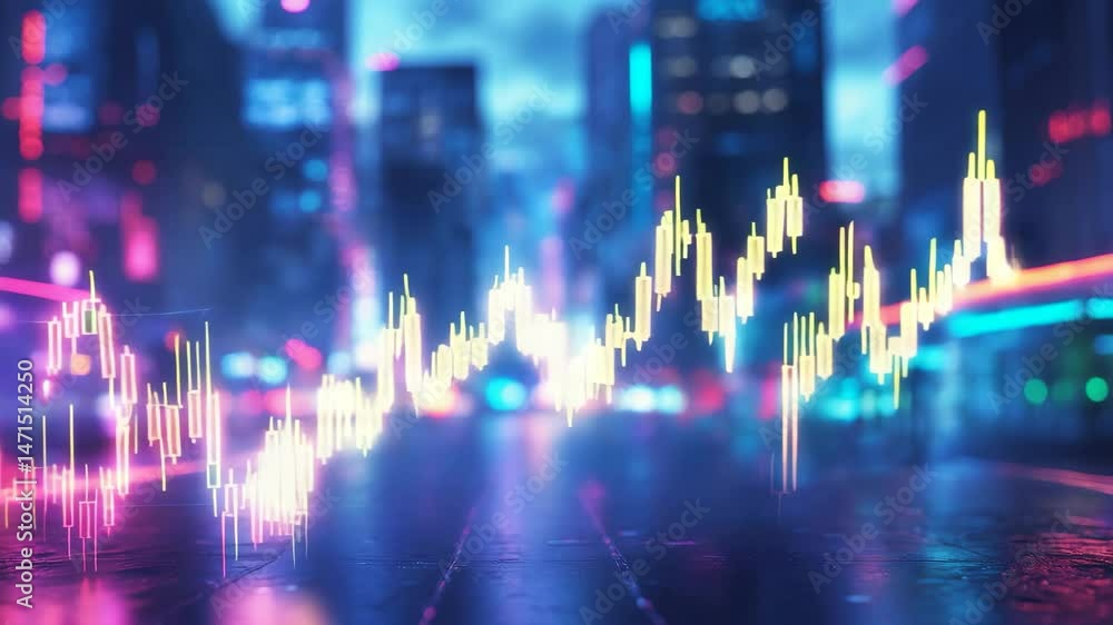 Aufkleber futuristic glowing data-driven forex candlestick chart with abstract background highlighting trade, 