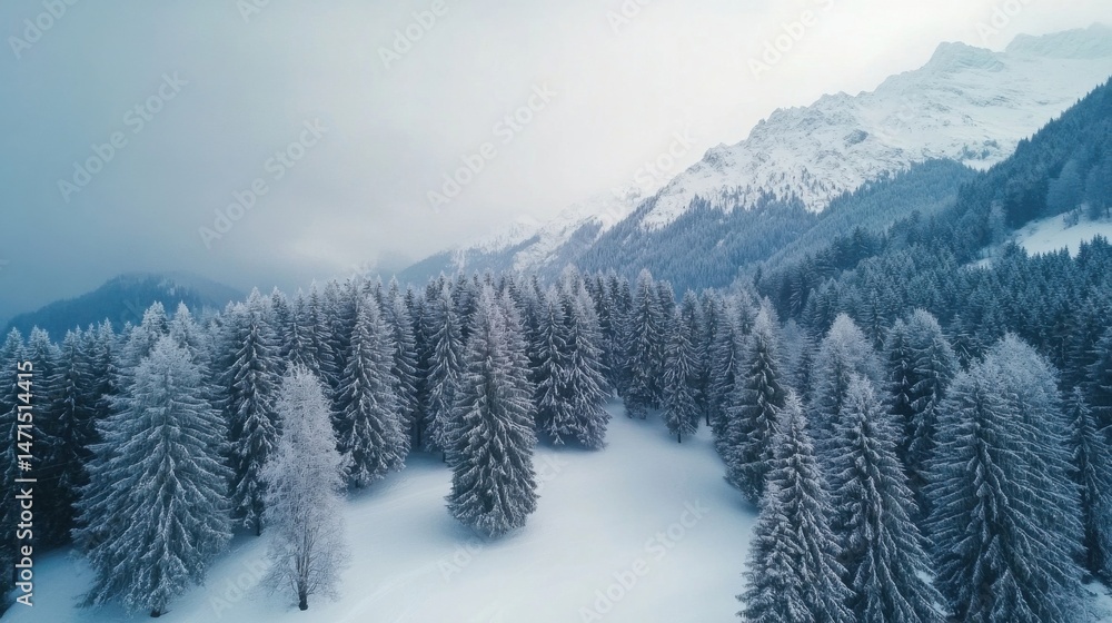 Poster aerial view of a snow-covered coniferous forest nestled against a majestic, snow-capped mountain ran