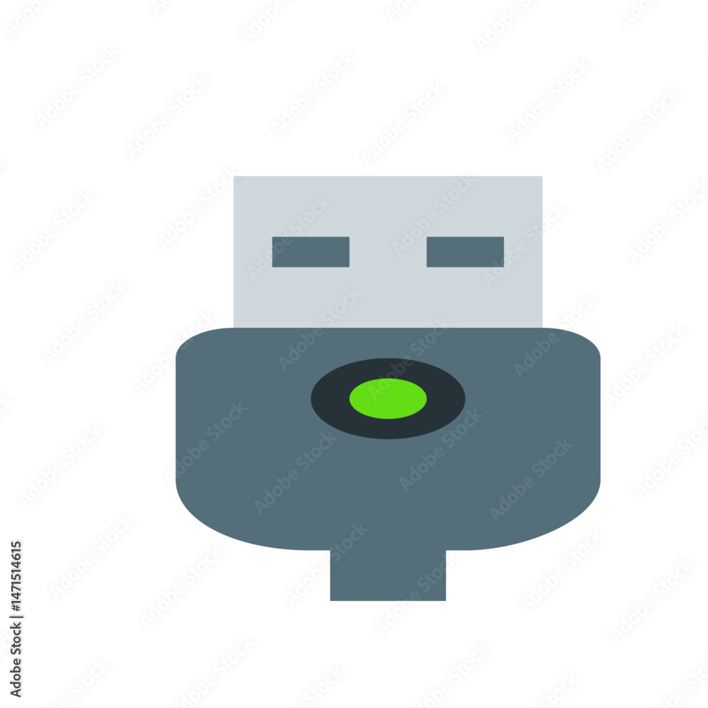 Poster illustration of a gray usb connector with a green light indicator on a white background in vector fo