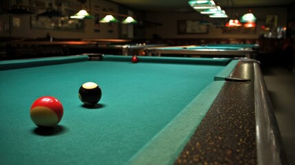 Two billiard balls rest on a green pool table in a dimly lit bar, other tables blurred in the background, creating a classic game atmosphere. : Generative AI