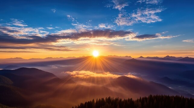 Majestic sunrise over a vast mountain range, golden sunlight rays piercing through clouds and illuminating the landscape, creating a breathtaking panorama. : Generative AI