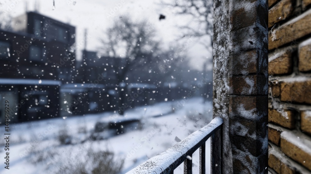 Poster snowflakes fall gently outside a snow-covered balcony, blurring the background city view into a soft