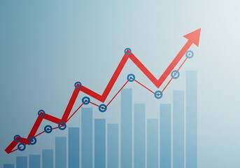 Illustrating a positive trend, a prominent red arrow ascends sharply above a blue line graph and light blue bar charts, set against a gradient light blue background.